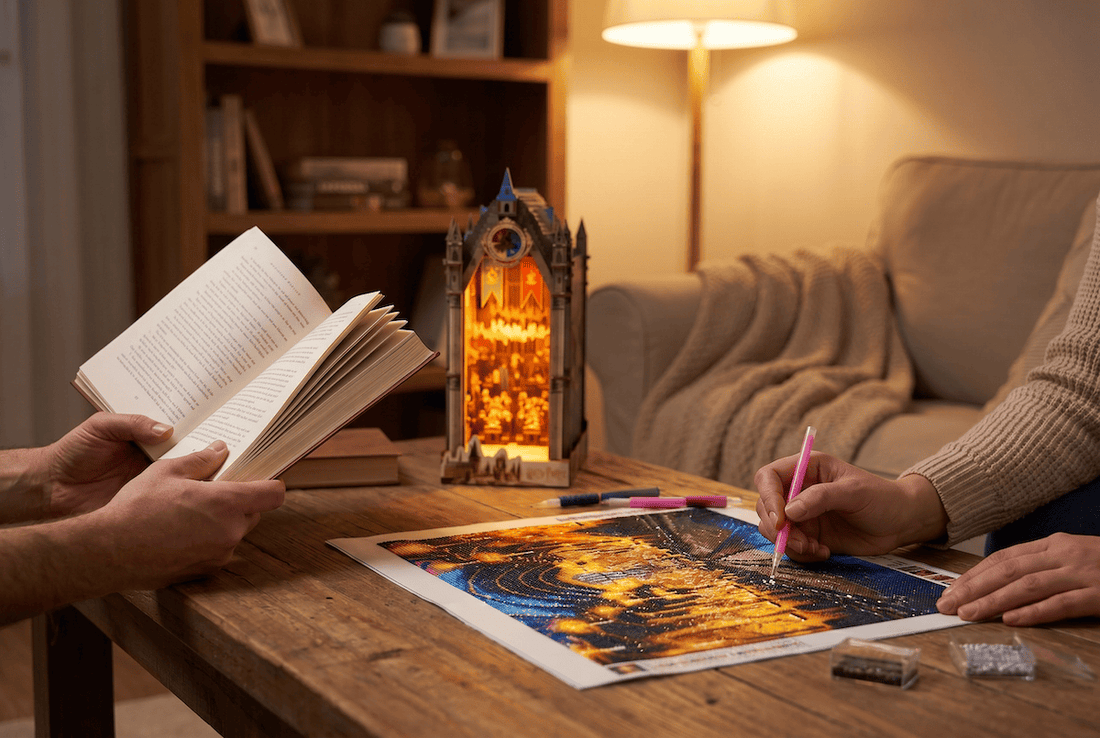 Couple sharing an evening — one reads the books aloud while the other works the diamond painting