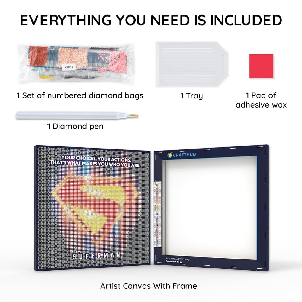 Diamond Painting Kits 9.8" x 9.8" | 25cm x 25cm Superman Logo - Framed Diamond Painting Kit
