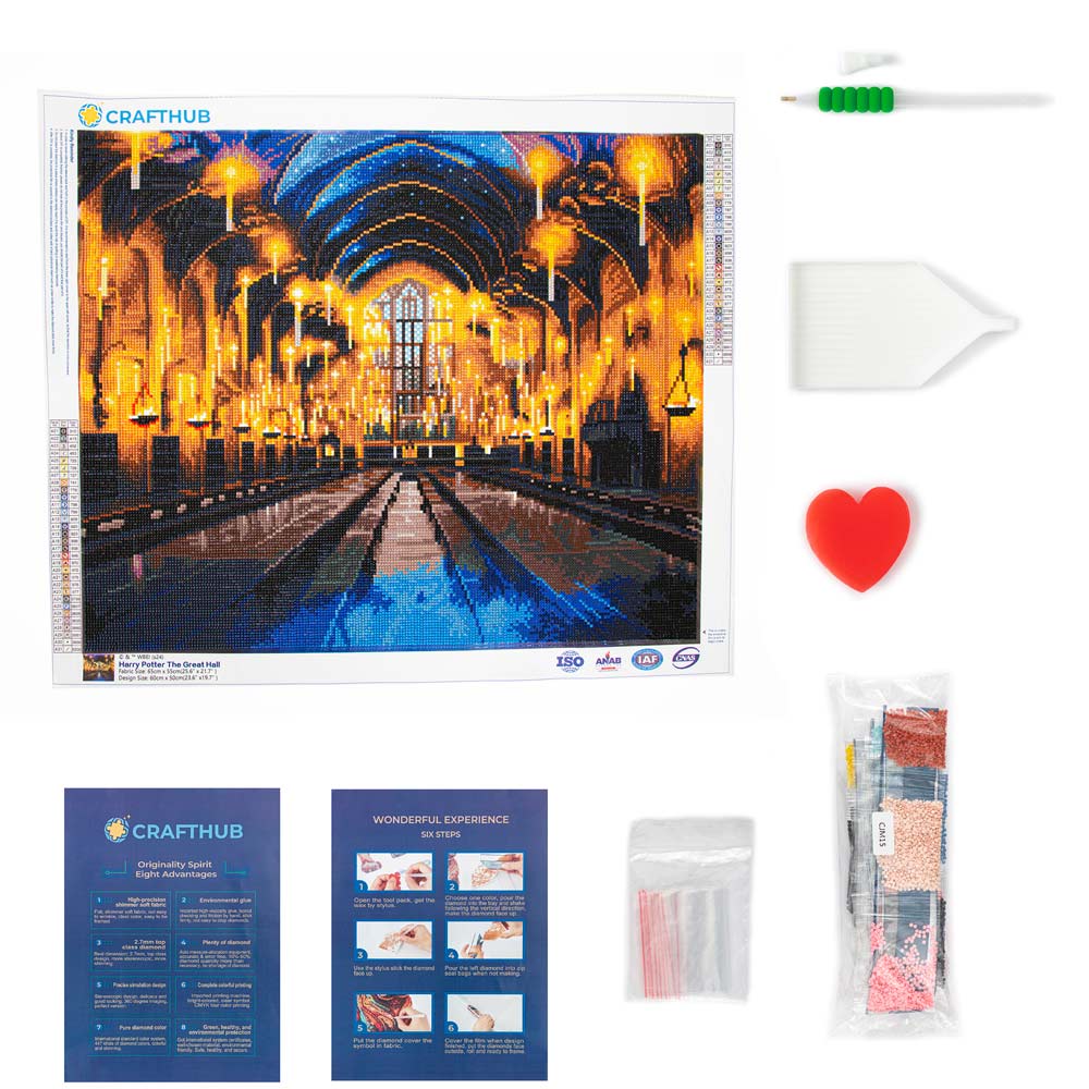HP Great Hall Book Nook on shelf + finished Diamond Painting framed on wall