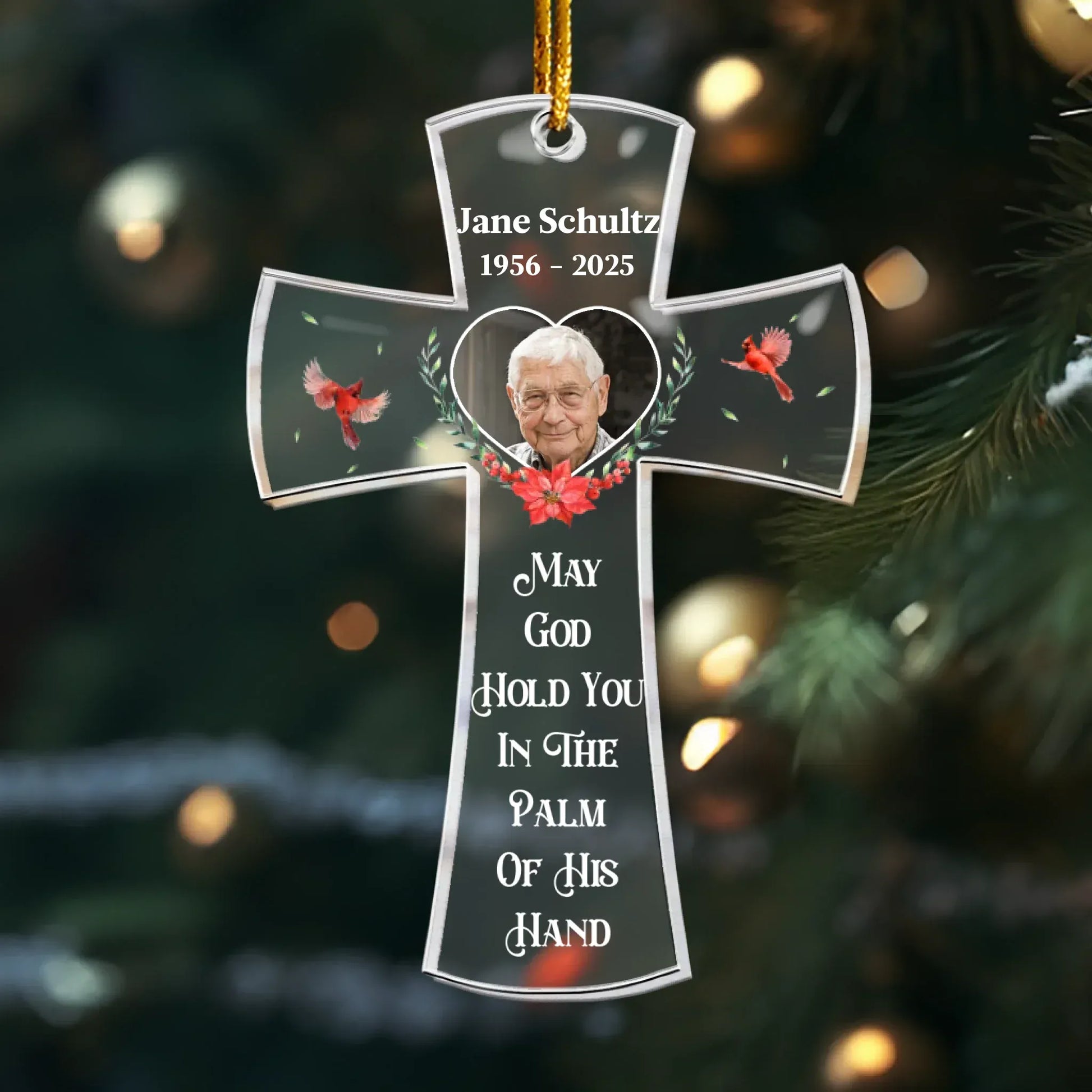 Personalized Ornaments Ornament Acrylic / Glass / 3.5in / 8.9cm May God Hold You In The Palm Memorial Cross Ornament - Personalized Memorial Acrylic Photo Ornament