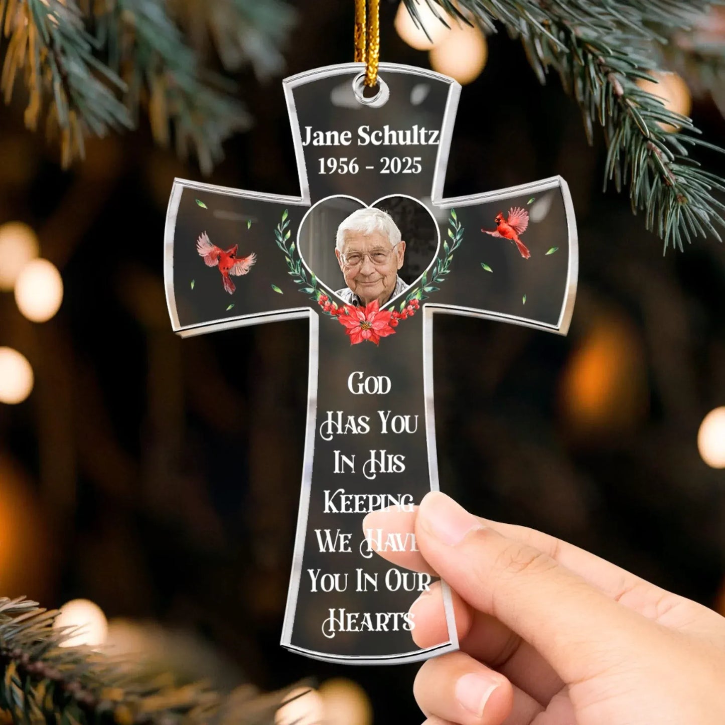 Personalized Ornaments May God Hold You In The Palm Memorial Cross Ornament - Personalized Memorial Acrylic Photo Ornament