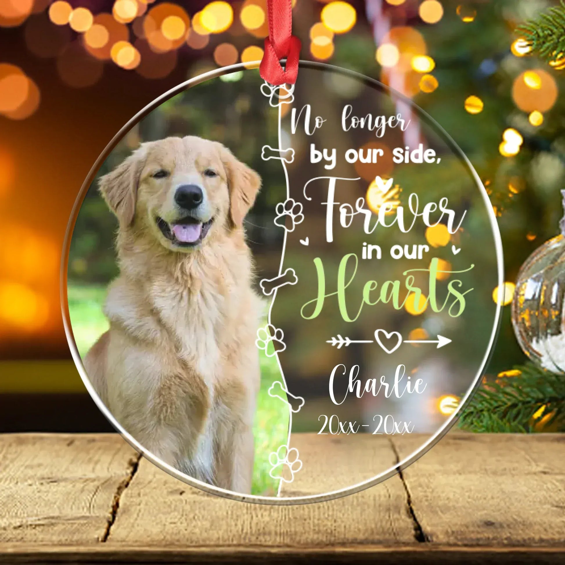 Personalized Ornaments Ornament Acrylic DMT / Glass / 3.5in / 8.9cm No Longer By Our Side, Forever In Our Heart - Personalized Dog Memorial Photo Acrylic Ornament