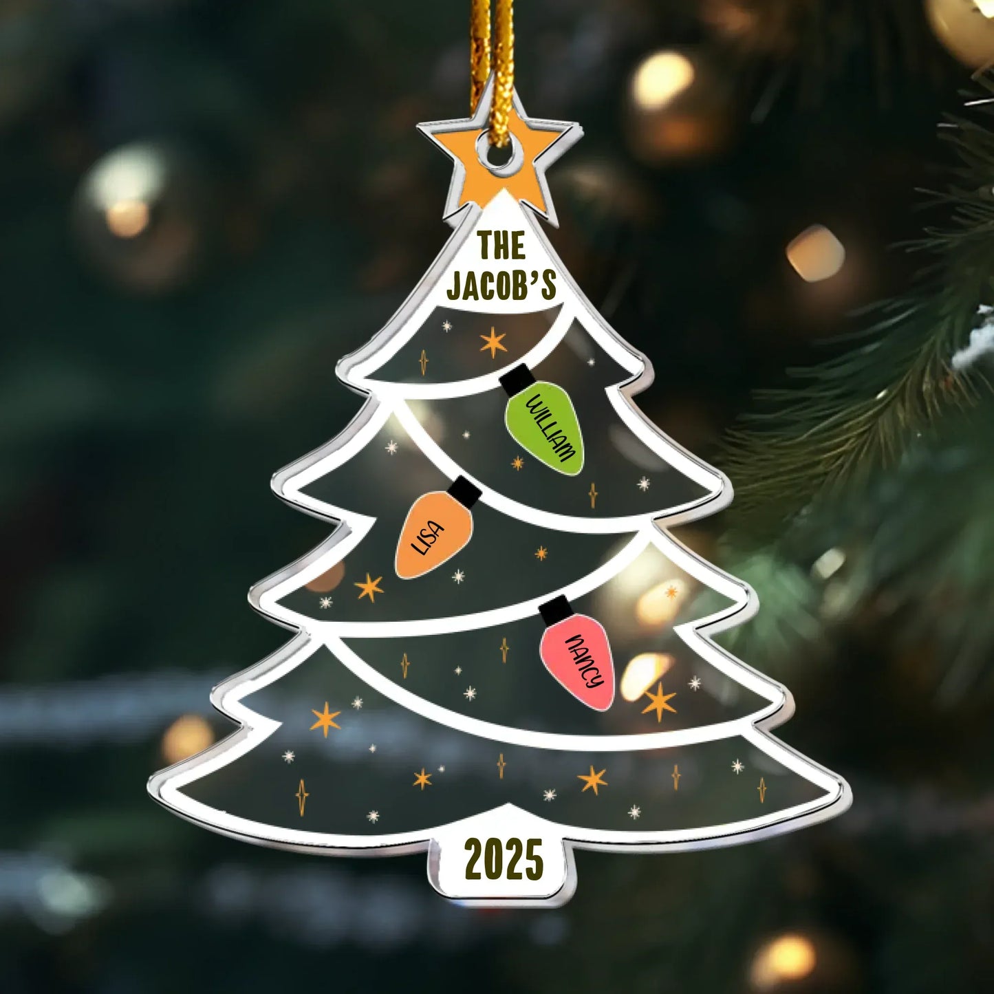 Personalized Ornaments Ornament Acrylic / Glass / 3.5in / 8.9cm Christmas Tree With Family Names Led Lights - Personalized Acrylic Ornament