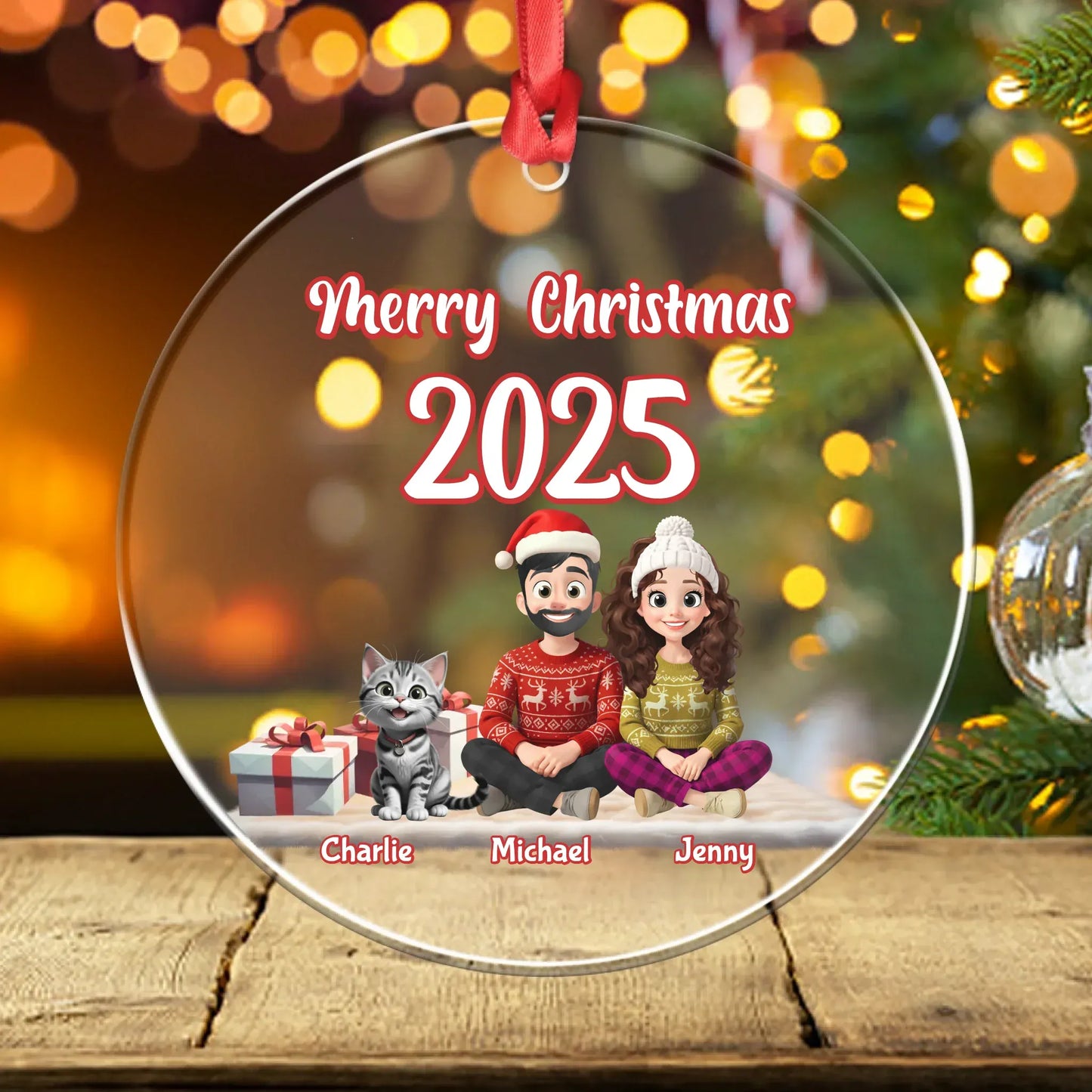 Personalized Ornaments Ornament Acrylic DMT / Glass / 3.5in / 8.9cm The Magic of Christmas Lives in Family - Personalized Couple And Cats Custom Acrylic Ornament