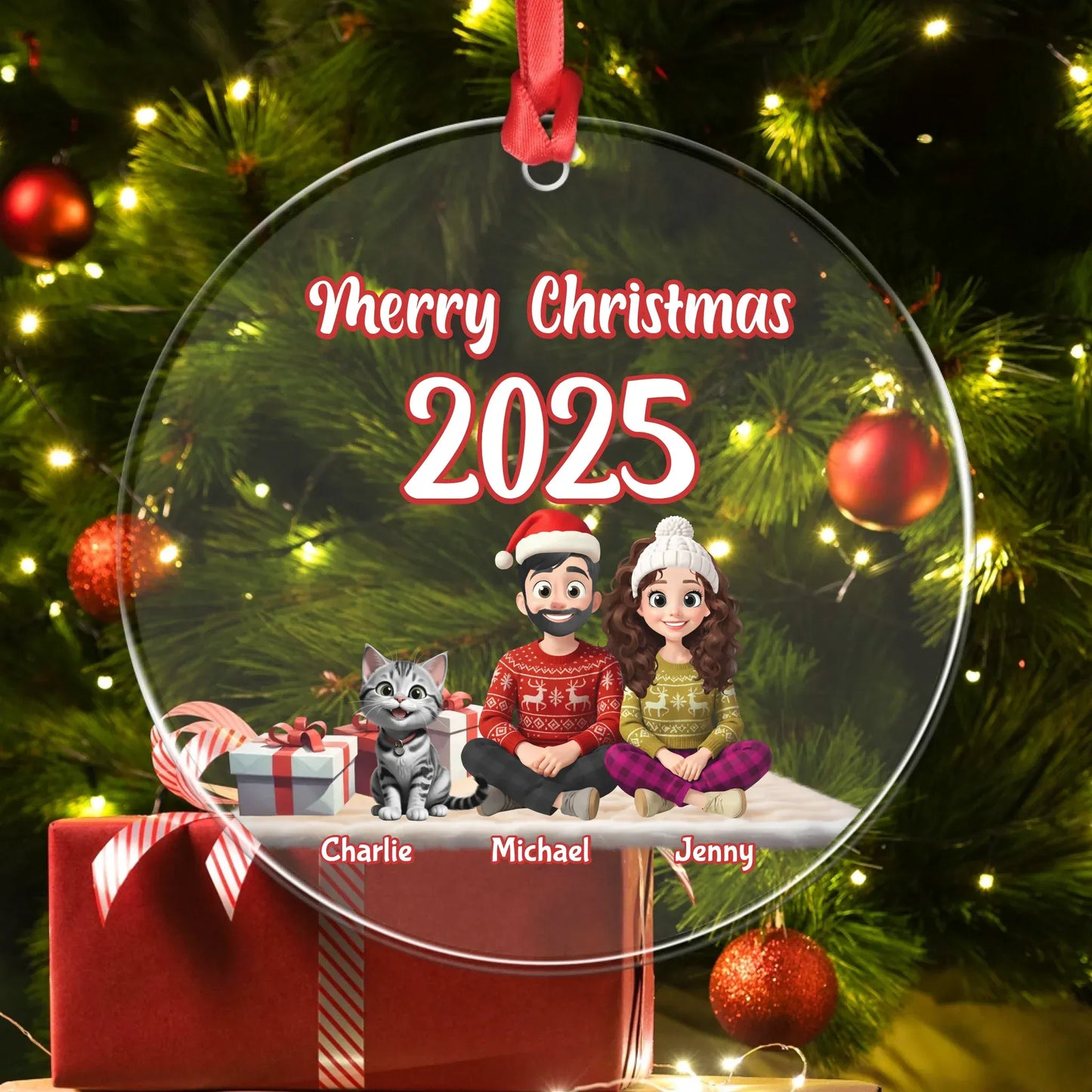 Personalized Ornaments The Magic of Christmas Lives in Family - Personalized Couple And Cats Custom Acrylic Ornament