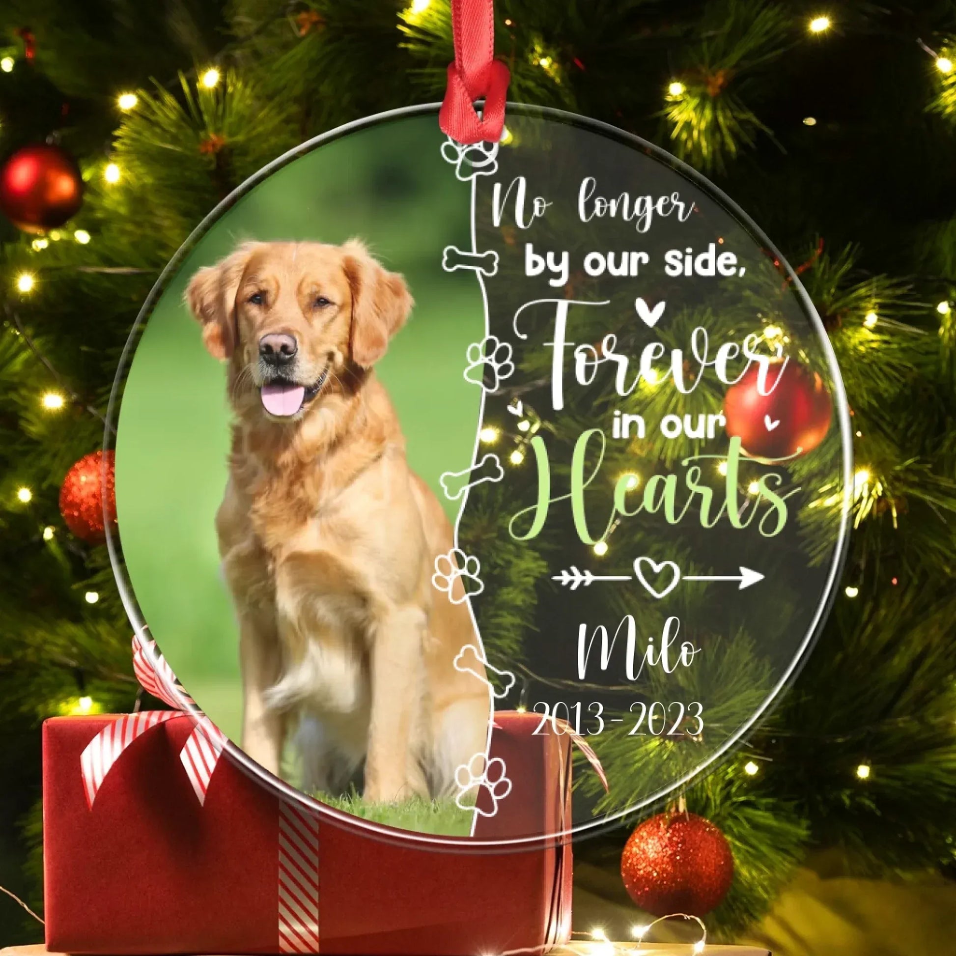 Personalized Ornaments No Longer By Our Side, Forever In Our Heart - Personalized Dog Memorial Photo Acrylic Ornament