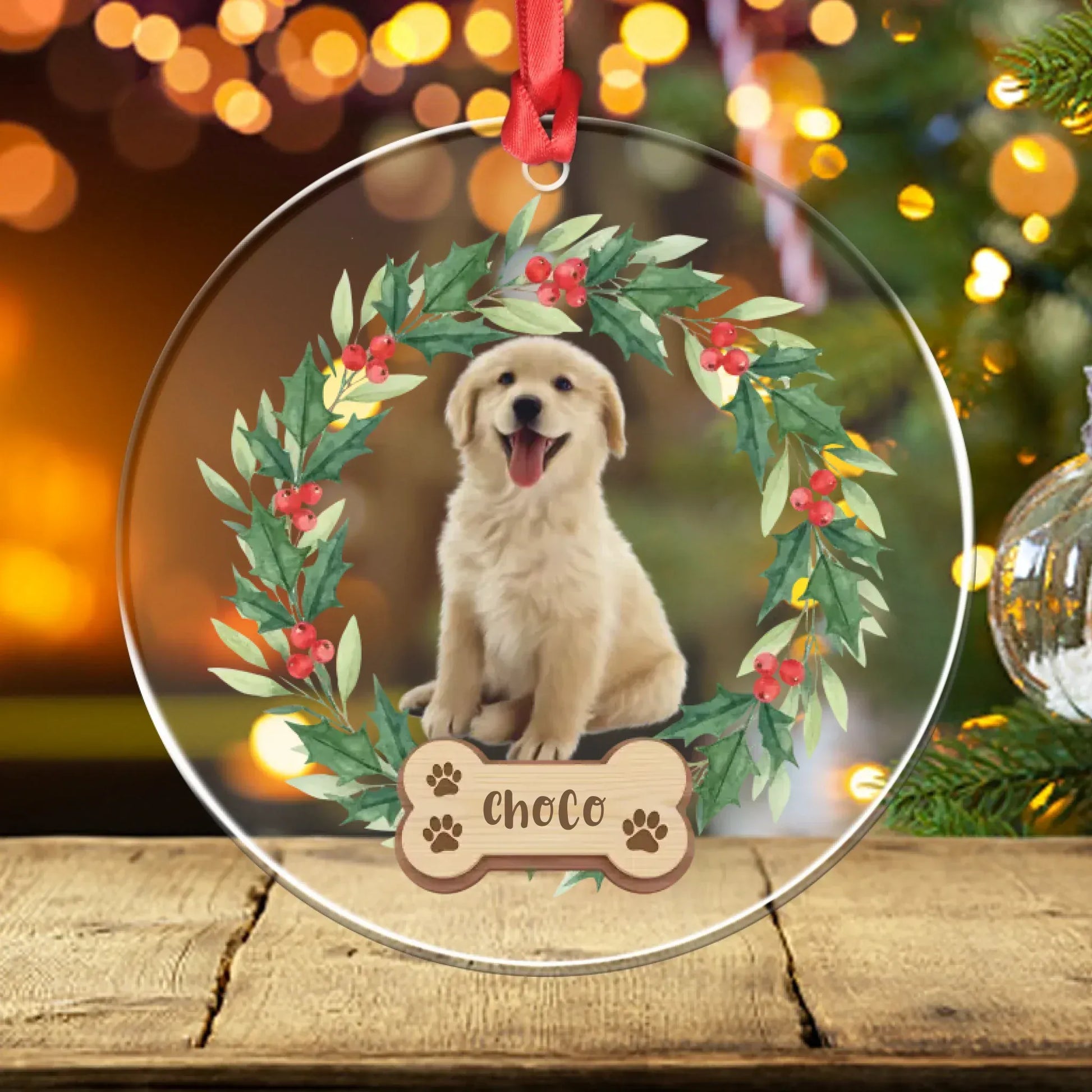 Personalized Ornaments Ornament Acrylic DMT / Glass / 3.5in / 8.9cm Beloved Dog With Festive Wreath - Personalized Dog Photo Acrylic Ornament