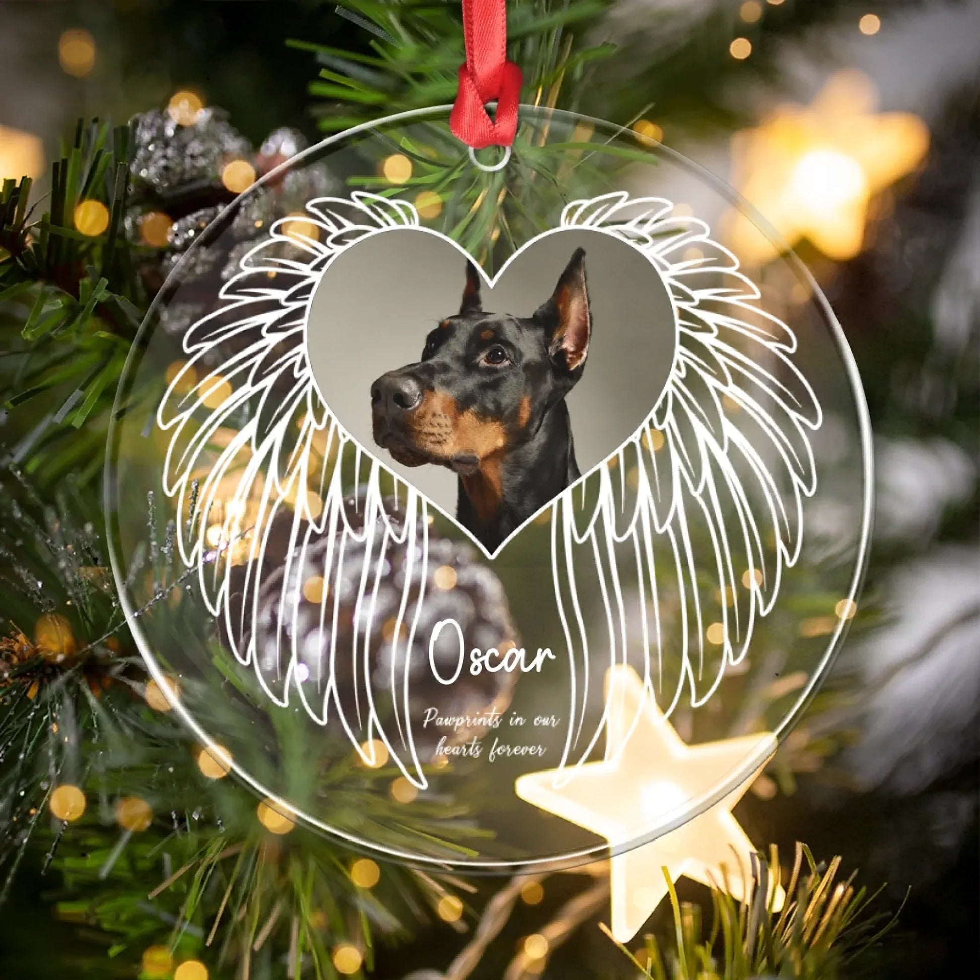 Personalized Ornaments Pawprints In Our Hearts Forever - Personalized Dog Memorial Photo Acrylic Ornament