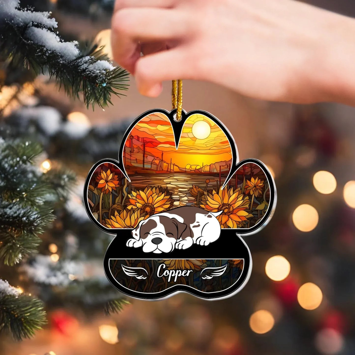 Personalized Ornaments Dog Lying On Pawprint, Angel Sleeping Dog - Personalized Dog Memorial Ornament