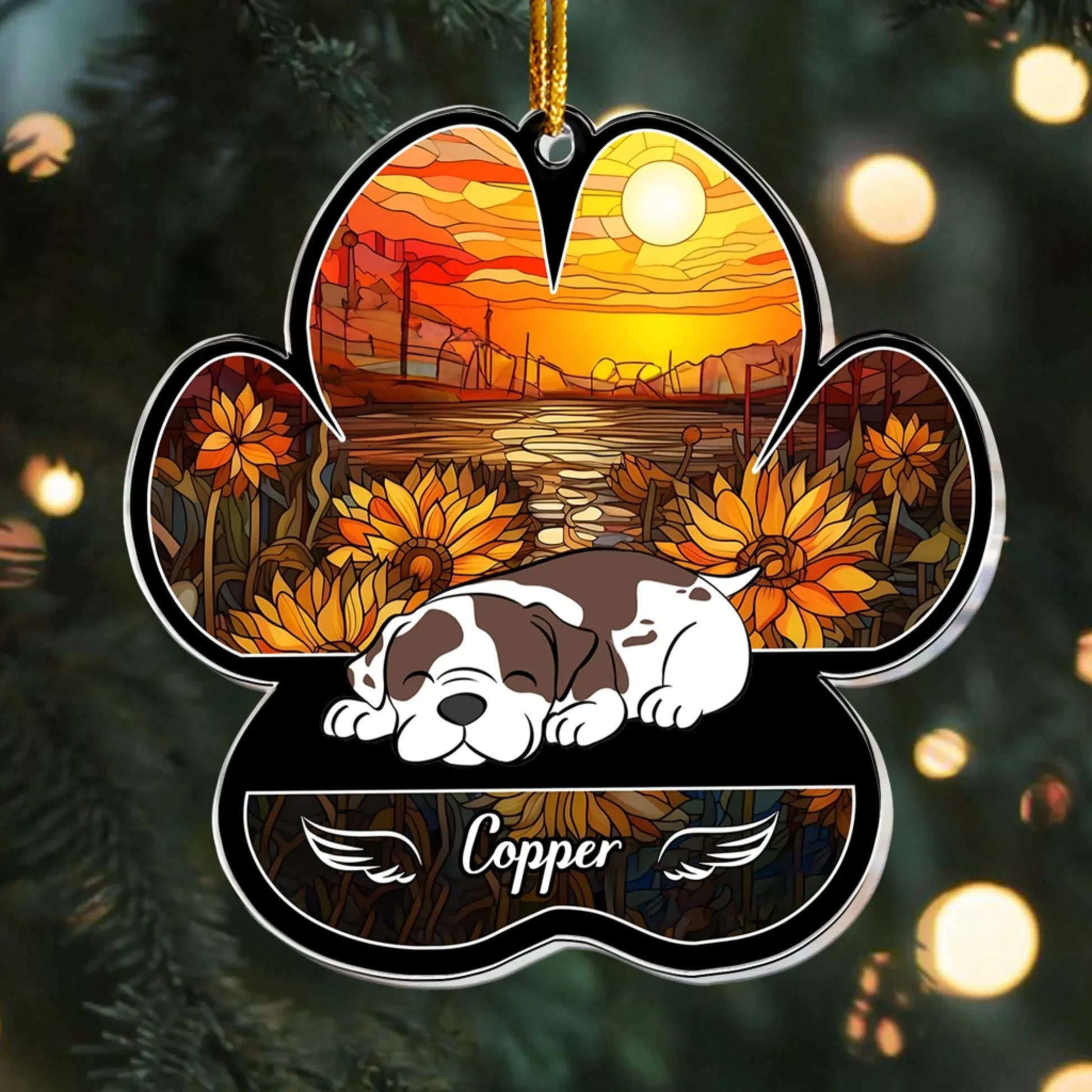 Personalized Ornaments Dog Lying On Pawprint, Angel Sleeping Dog - Personalized Dog Memorial Ornament