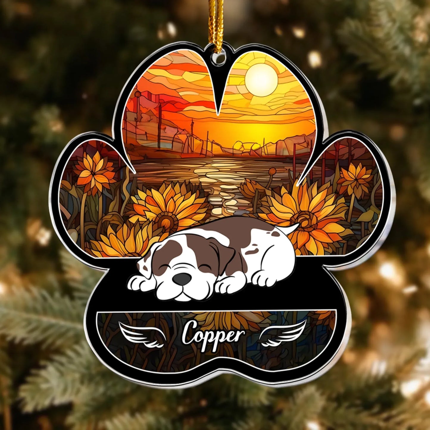 Personalized Ornaments Dog Lying On Pawprint, Angel Sleeping Dog - Personalized Dog Memorial Ornament