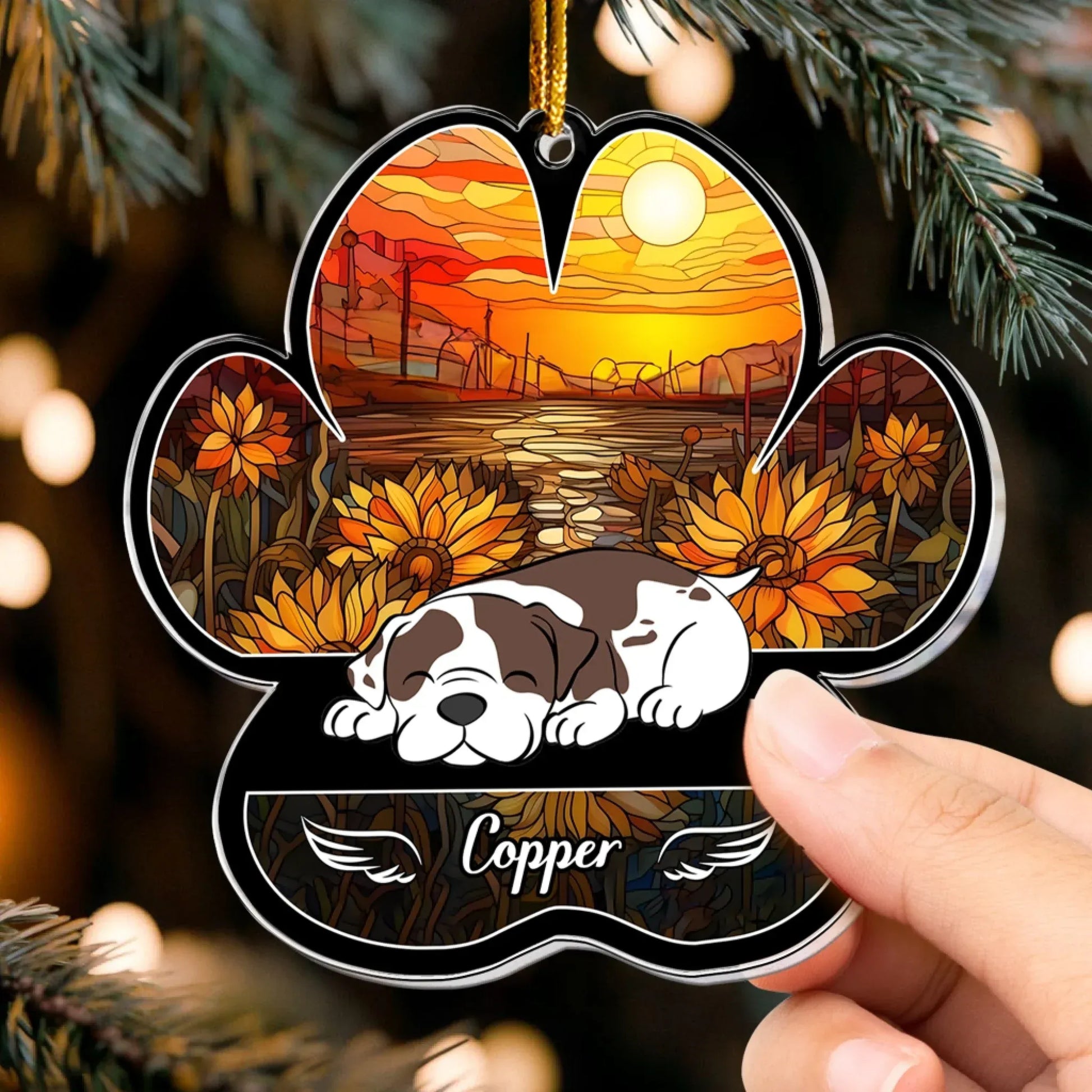 Personalized Ornaments Dog Lying On Pawprint, Angel Sleeping Dog - Personalized Dog Memorial Ornament