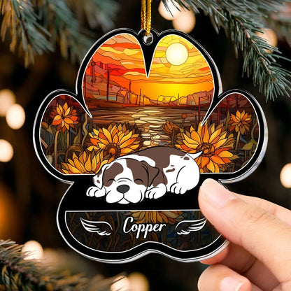 Personalized Ornaments Dog Lying On Pawprint, Angel Sleeping Dog - Personalized Dog Memorial Ornament