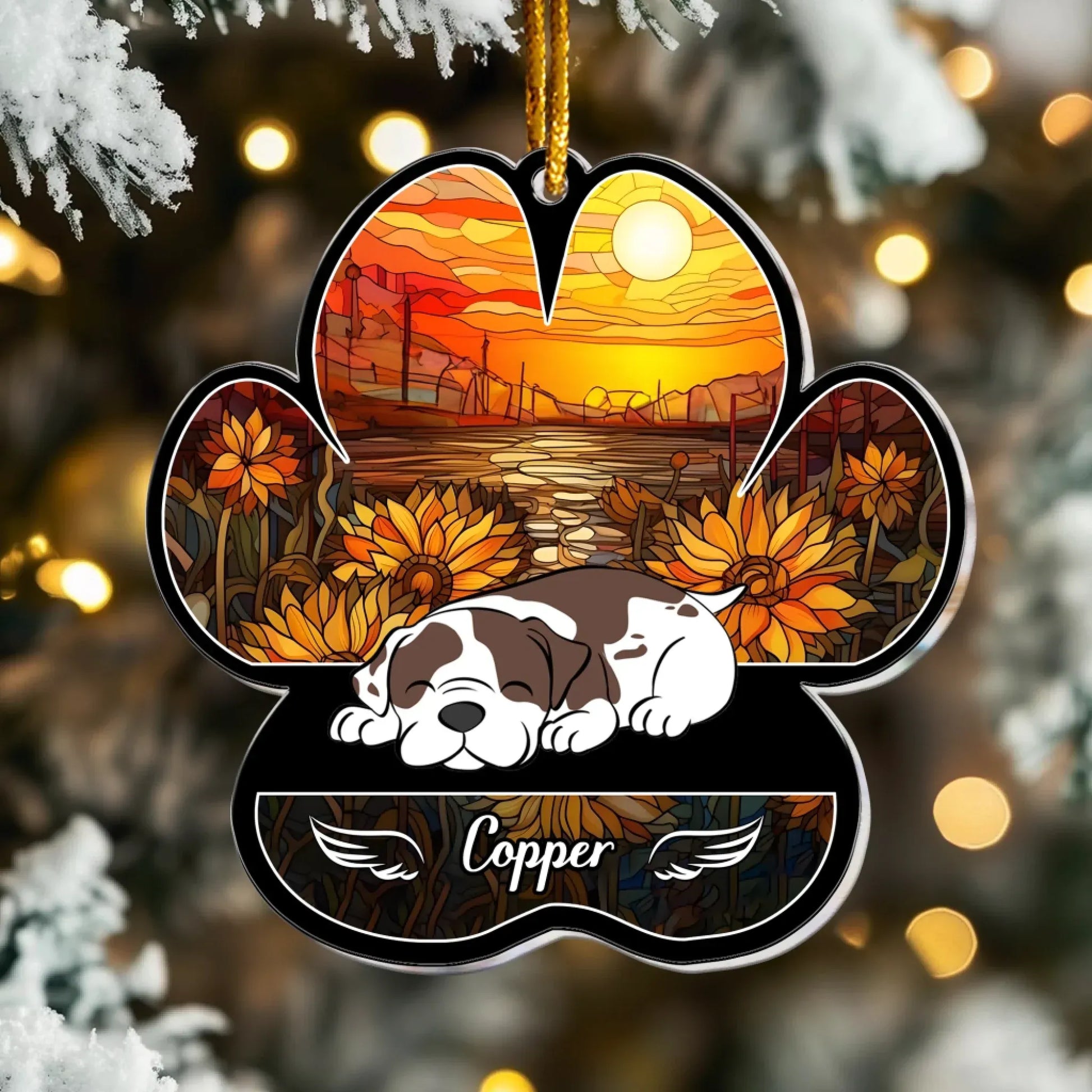 Personalized Ornaments Dog Lying On Pawprint, Angel Sleeping Dog - Personalized Dog Memorial Ornament