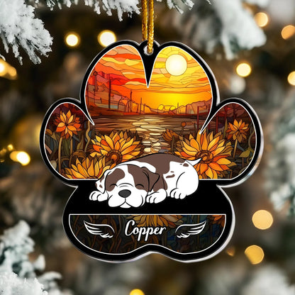 Personalized Ornaments Dog Lying On Pawprint, Angel Sleeping Dog - Personalized Dog Memorial Ornament