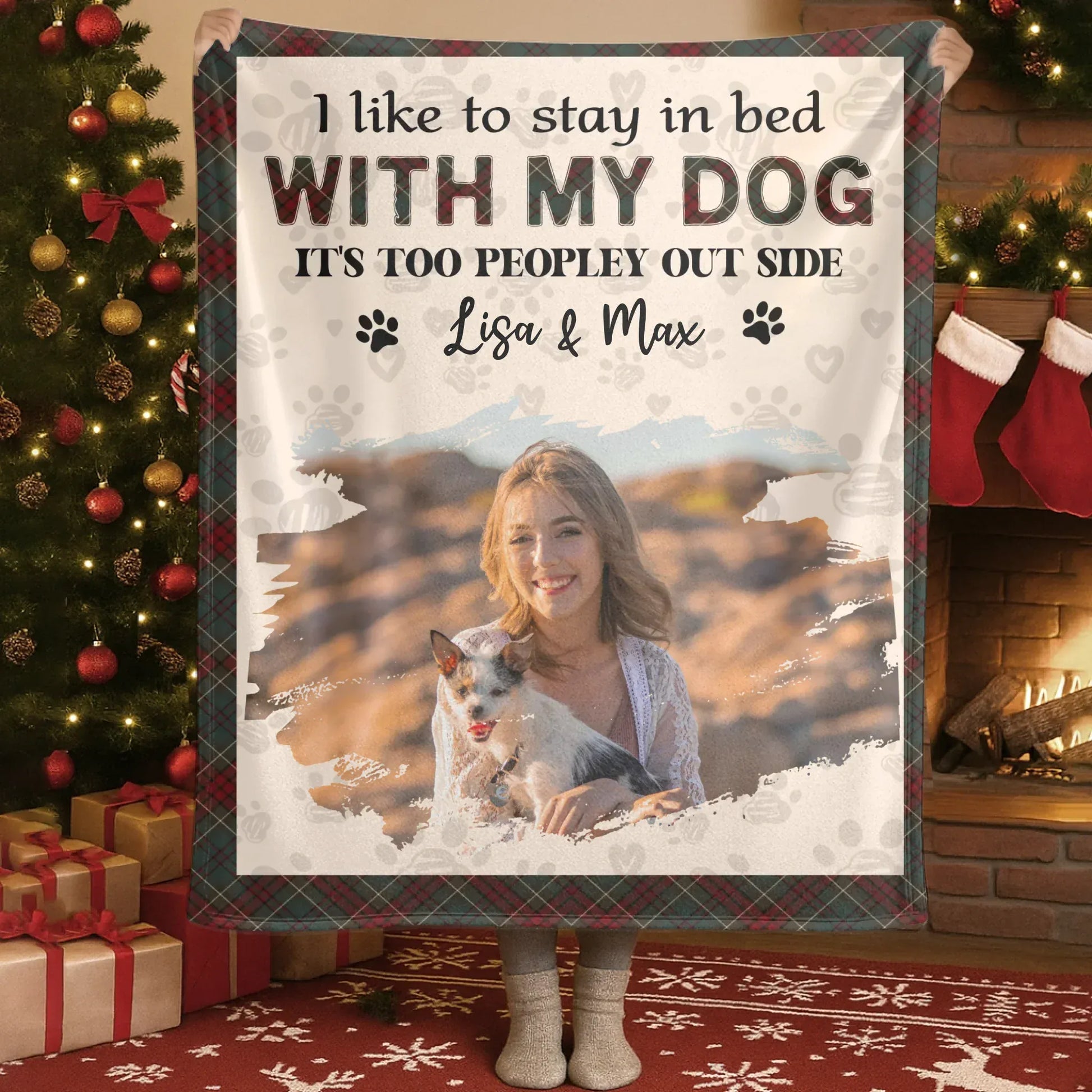 Personalized Blankets I Like To Stay In Bed With My Dog – Personalized Pet Owner Photo Name Plaid Blanket