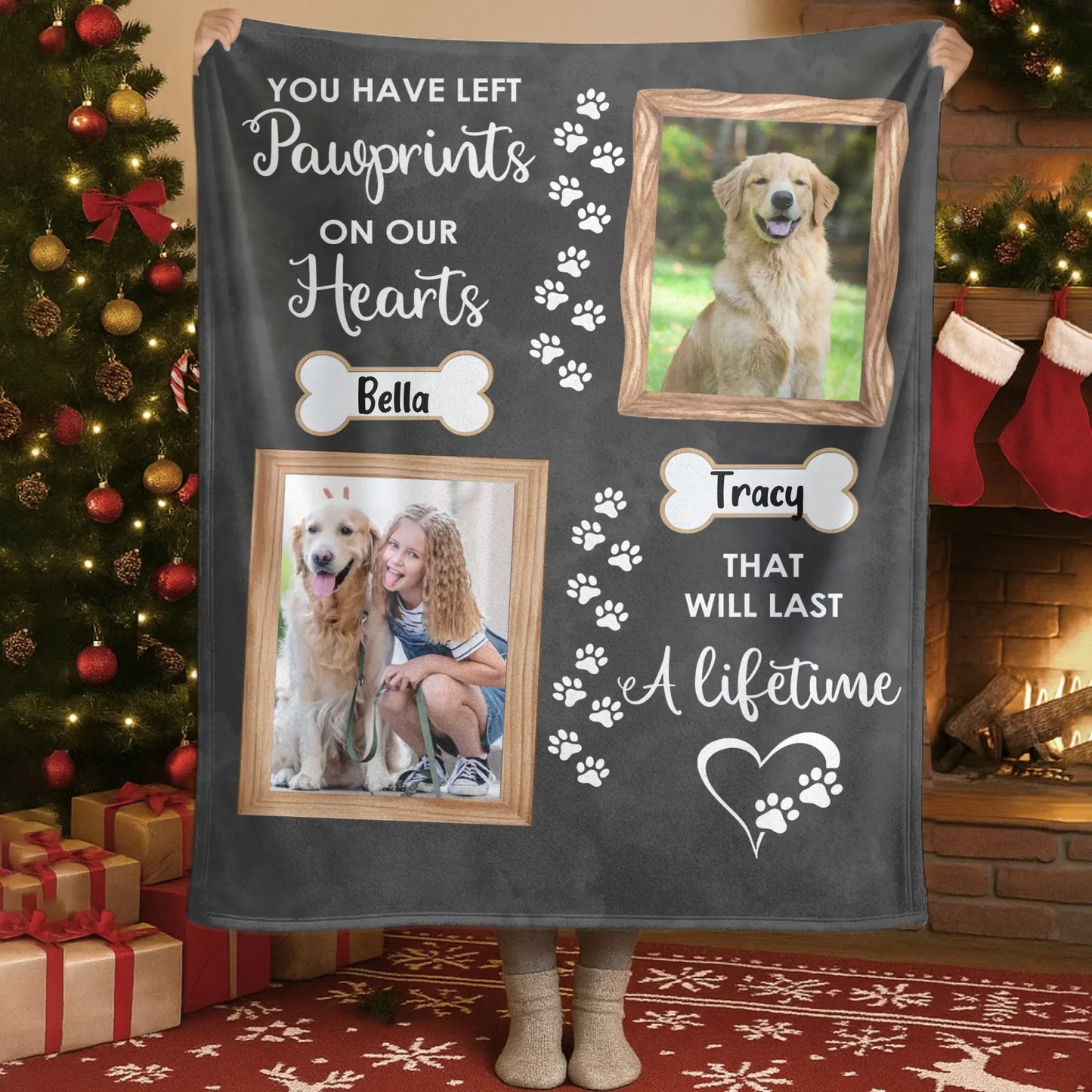 Personalized Blankets Blanket Custom KNT / White / 30x40in / 76x101cm Pawprints On Our Hearts - Personalized Double Dog Photo Memorial Custom Blanket