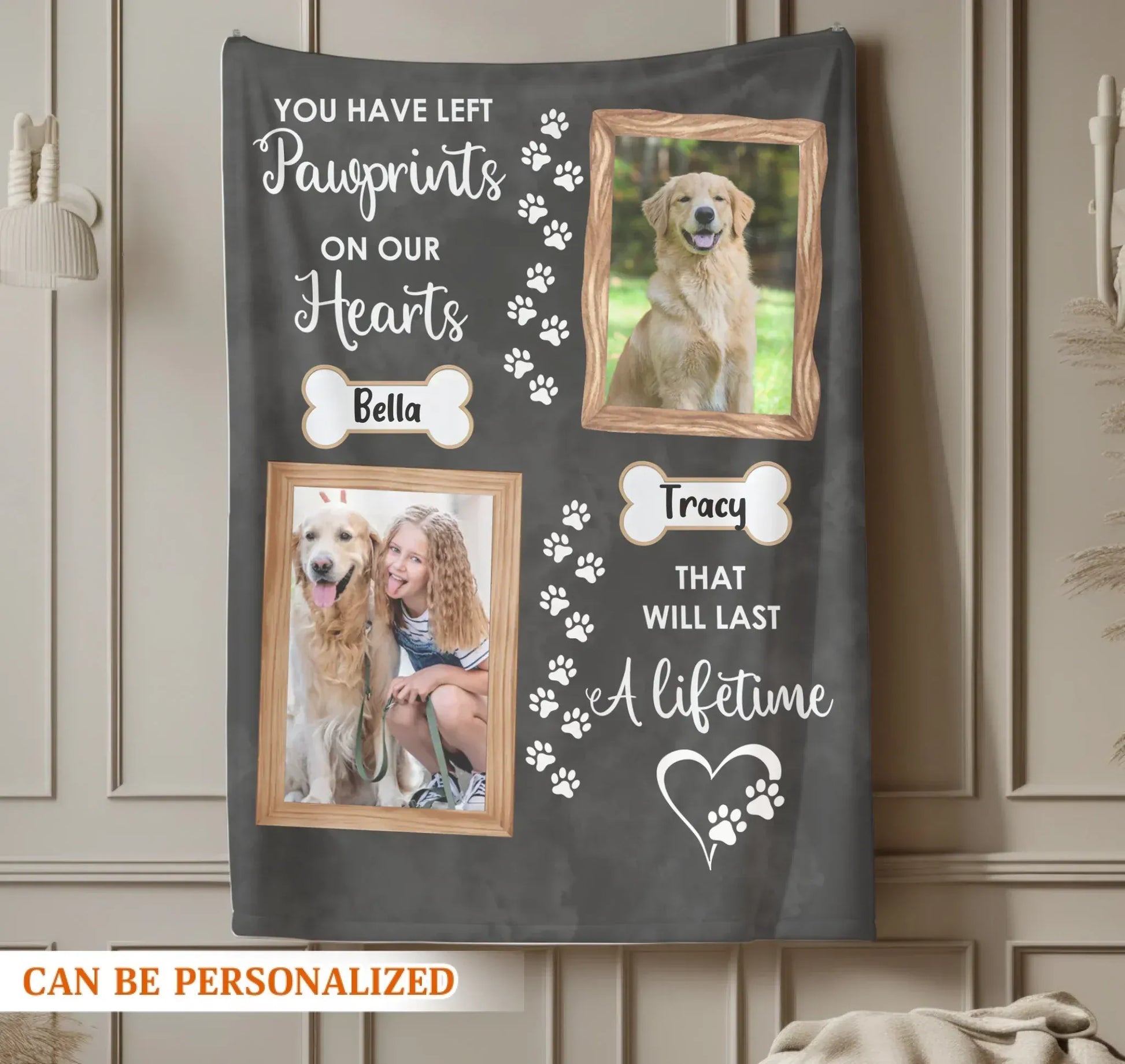 Personalized Blankets Pawprints On Our Hearts - Personalized Double Dog Photo Memorial Custom Blanket