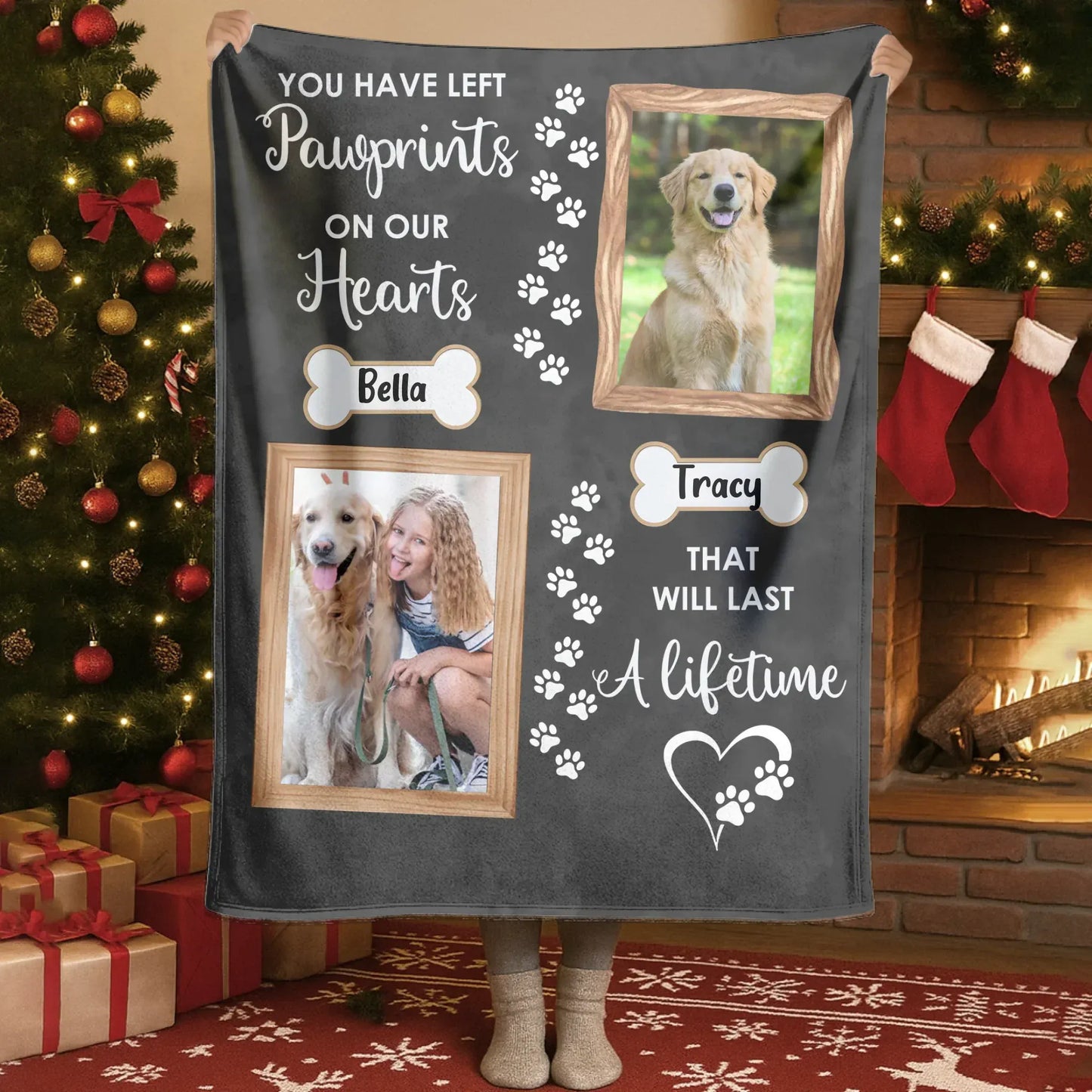 Personalized Blankets Pawprints On Our Hearts - Personalized Double Dog Photo Memorial Custom Blanket
