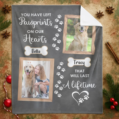 Personalized Blankets Pawprints On Our Hearts - Personalized Double Dog Photo Memorial Custom Blanket