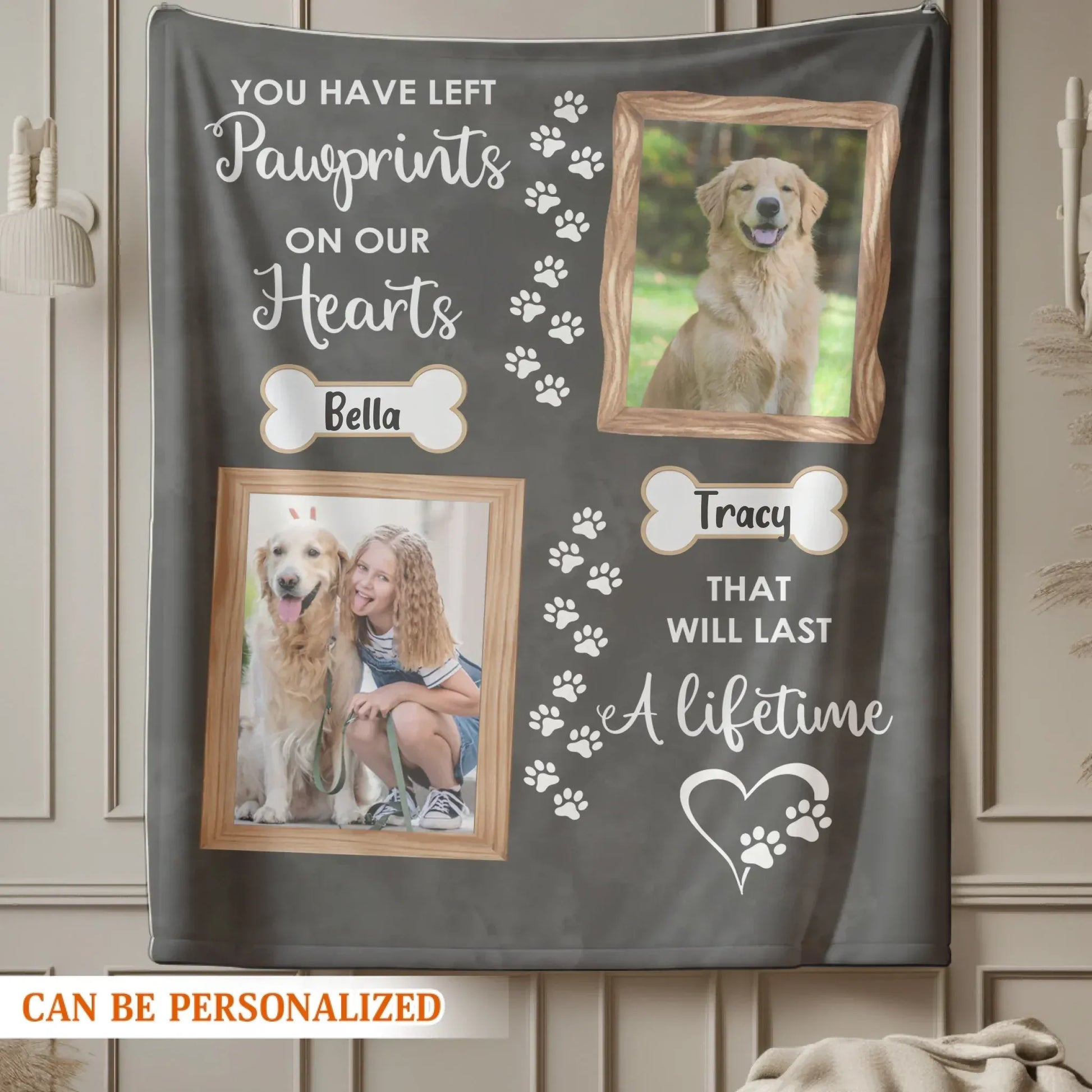 Personalized Blankets Pawprints On Our Hearts - Personalized Double Dog Photo Memorial Custom Blanket