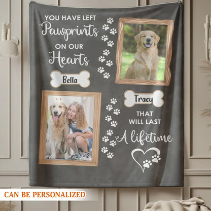 Personalized Blankets Pawprints On Our Hearts - Personalized Double Dog Photo Memorial Custom Blanket