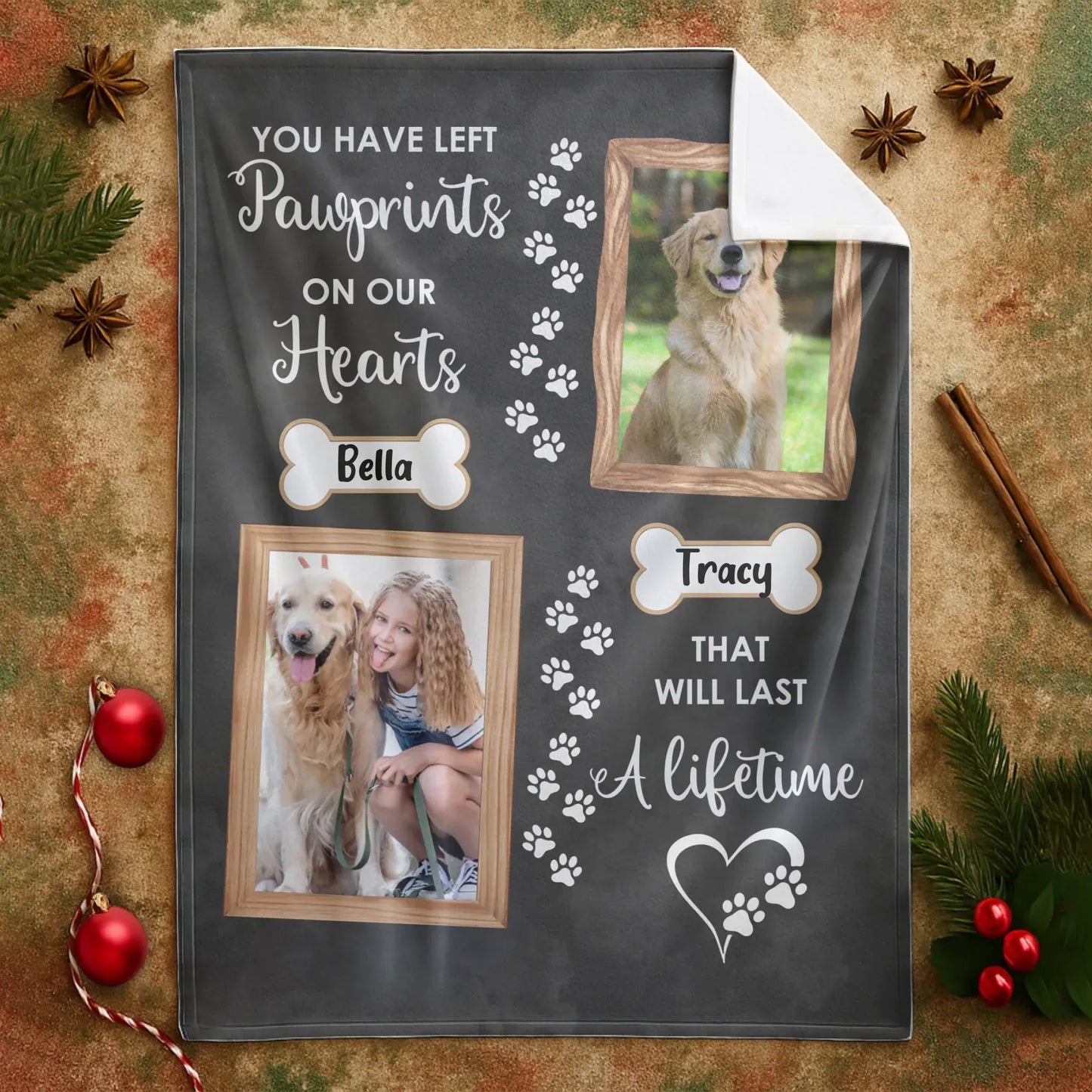Personalized Blankets Pawprints On Our Hearts - Personalized Double Dog Photo Memorial Custom Blanket