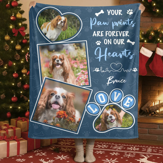 Personalized Blankets Blanket Custom KNT / White / 30x40in / 76x101cm Your Paw Prints Are Forever On Our Hearts - Personalized Dog Memorial Photo Custom Blanket