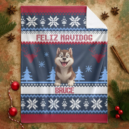 Personalized Blankets Feliz Navidog - Personalized Dog Christmas Ugly Sweater Custom Blanket
