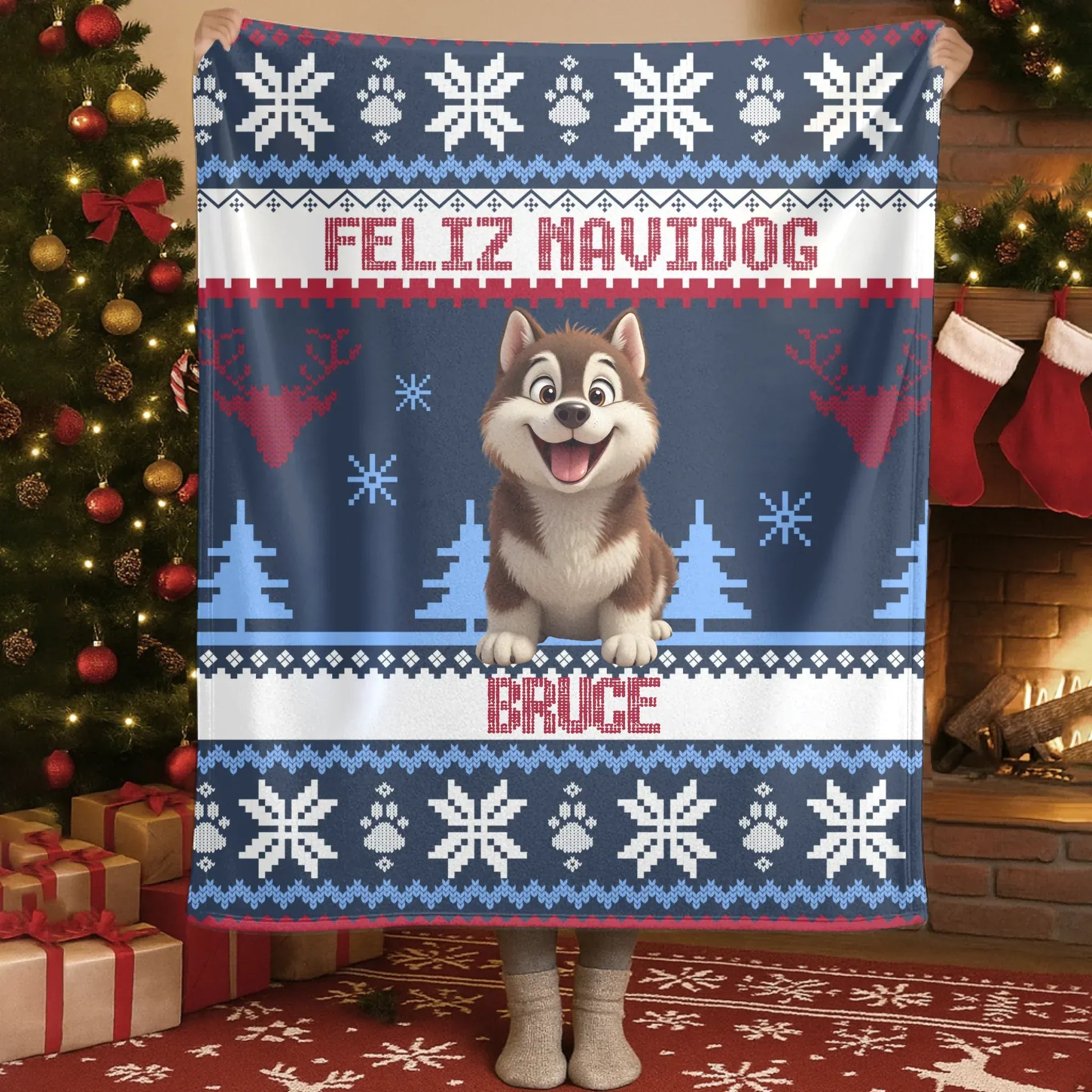 Personalized Blankets Feliz Navidog - Personalized Dog Christmas Ugly Sweater Custom Blanket