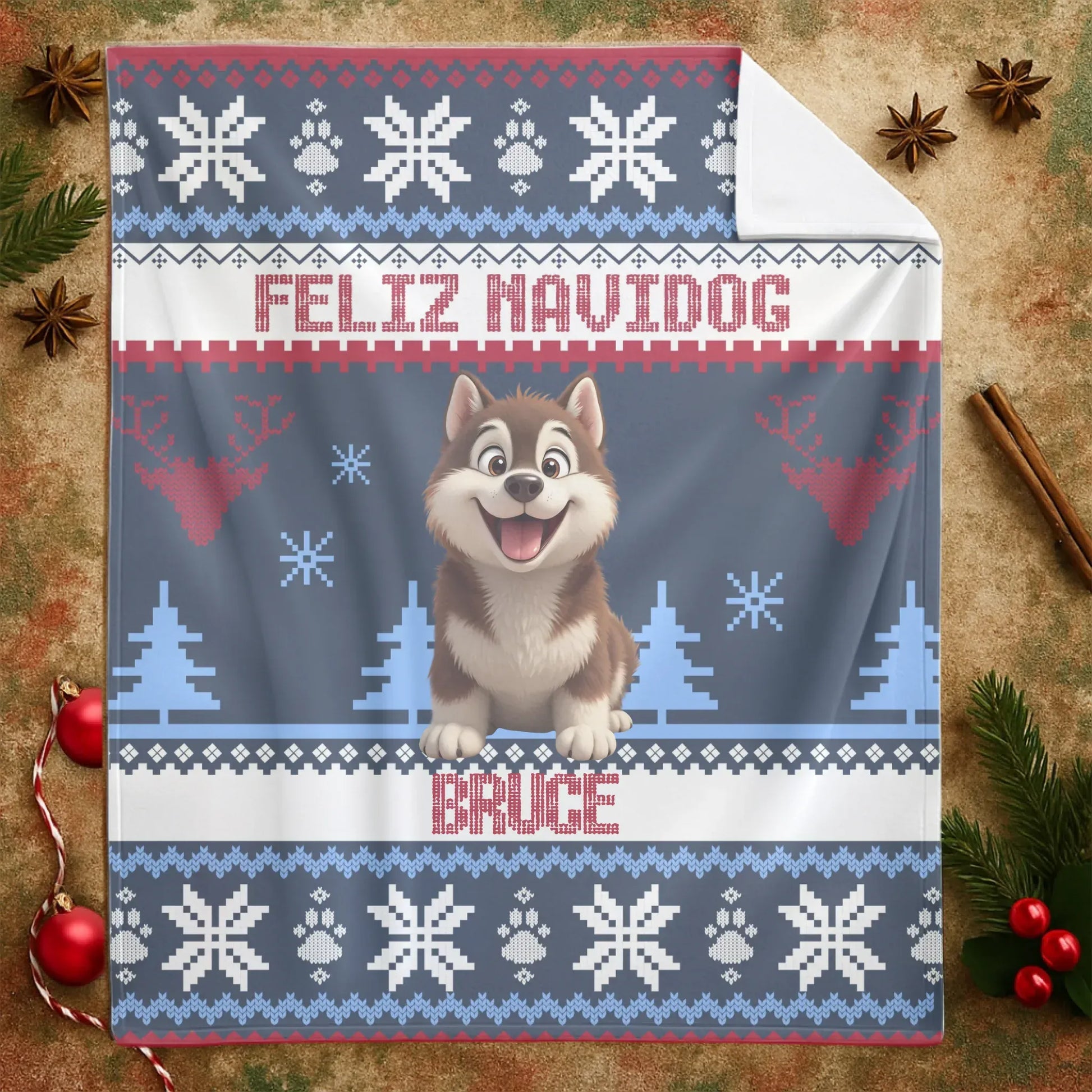 Personalized Blankets Feliz Navidog - Personalized Dog Christmas Ugly Sweater Custom Blanket