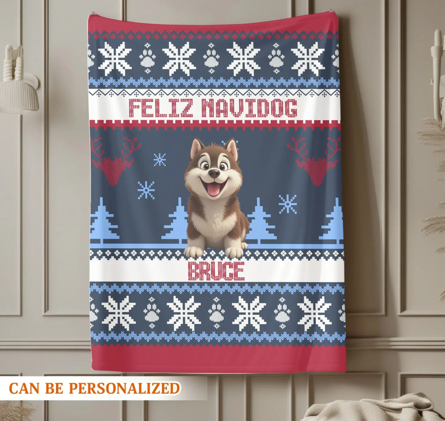 Personalized Blankets Feliz Navidog - Personalized Dog Christmas Ugly Sweater Custom Blanket