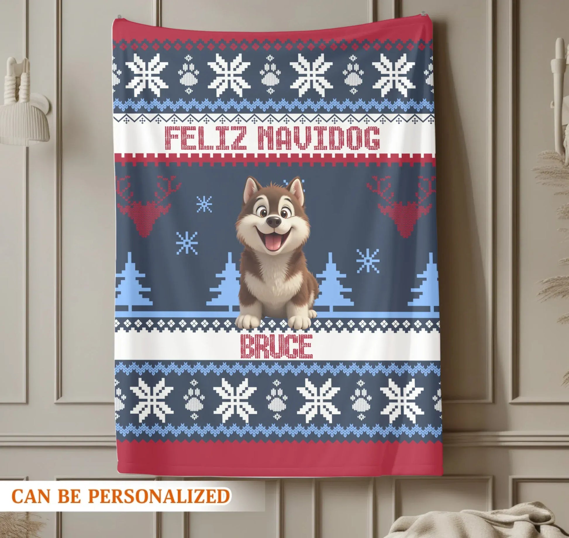 Personalized Blankets Feliz Navidog - Personalized Dog Christmas Ugly Sweater Custom Blanket