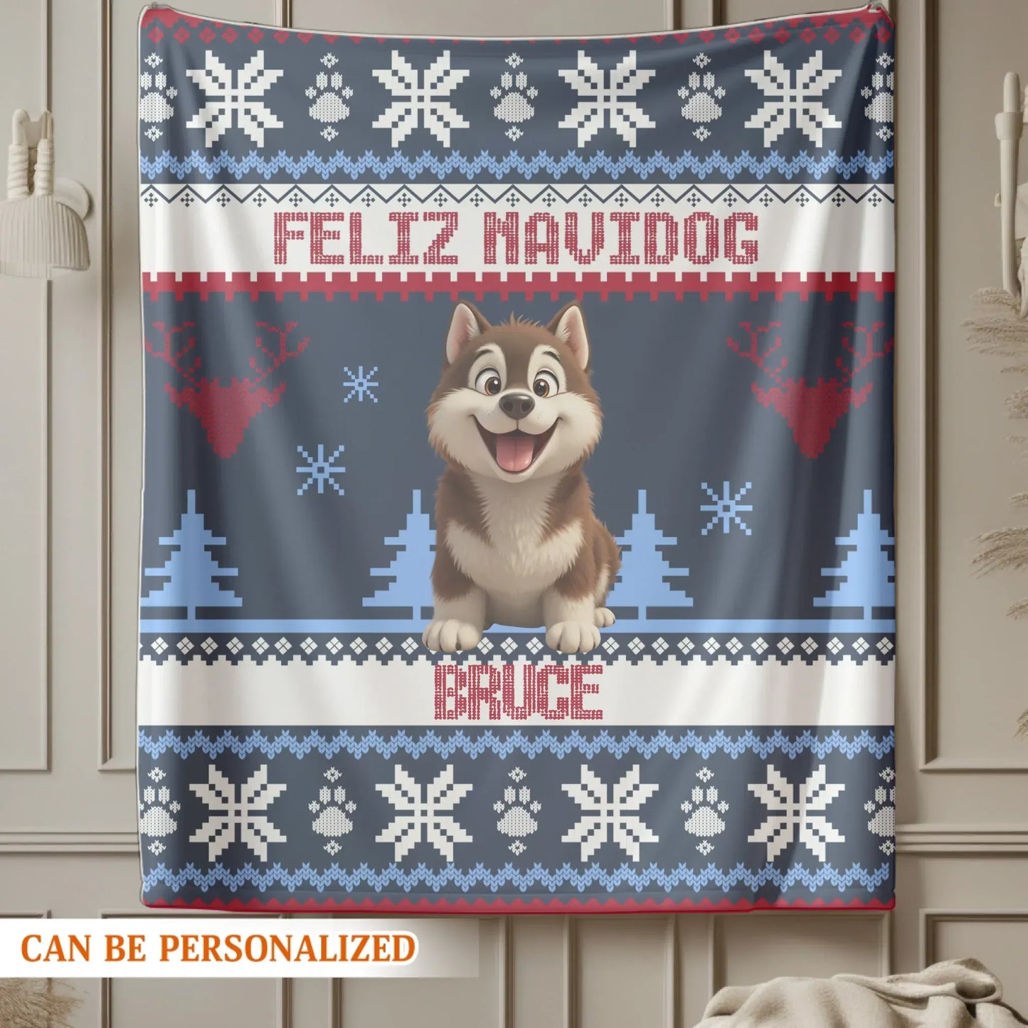 Personalized Blankets Feliz Navidog - Personalized Dog Christmas Ugly Sweater Custom Blanket