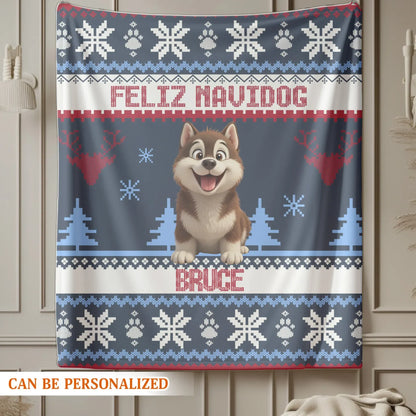 Personalized Blankets Feliz Navidog - Personalized Dog Christmas Ugly Sweater Custom Blanket