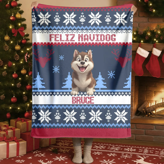 Personalized Blankets Blanket Custom KNT / White / 30x40in / 76x101cm Feliz Navidog - Personalized Dog Christmas Ugly Sweater Custom Blanket
