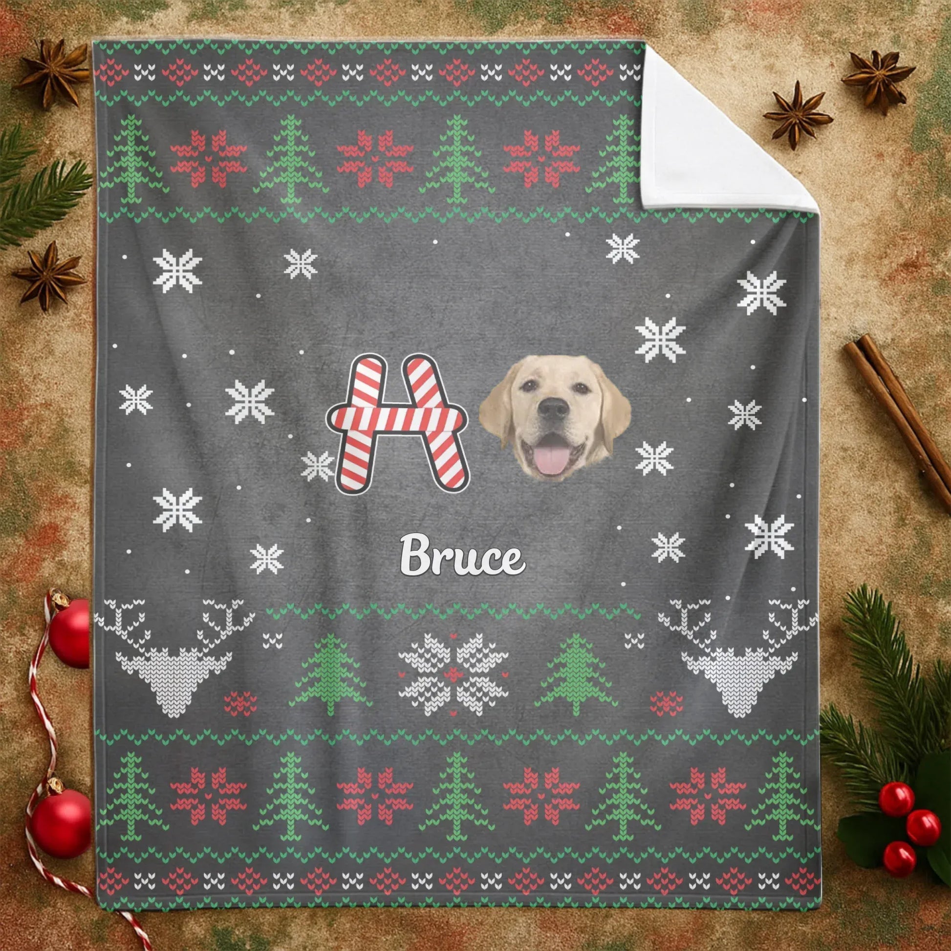 Personalized Blankets HO HO HO, Merry Dogmas! – Personalized Pet Photo Ugly Christmas Pattern Blanket