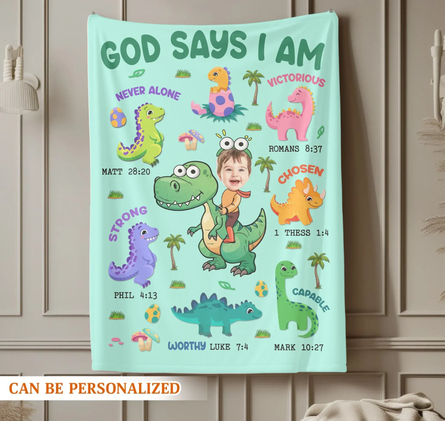 Personalized Blankets God Says I Am – Personalized Baby Name Christian Dinosaur Cute Blanket