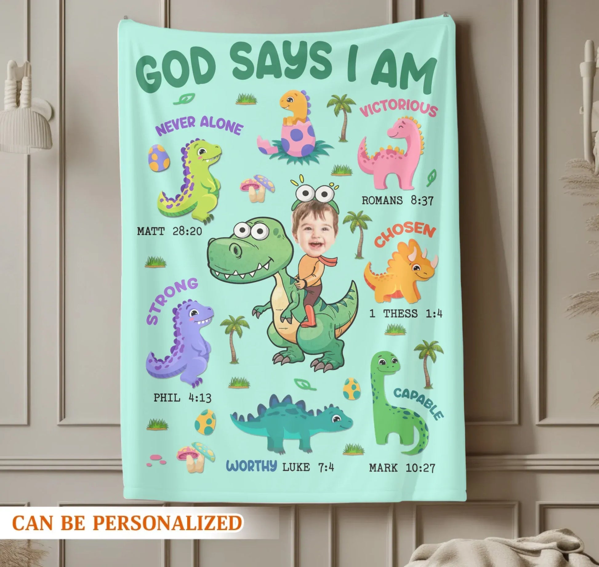 Personalized Blankets God Says I Am – Personalized Baby Name Christian Dinosaur Cute Blanket