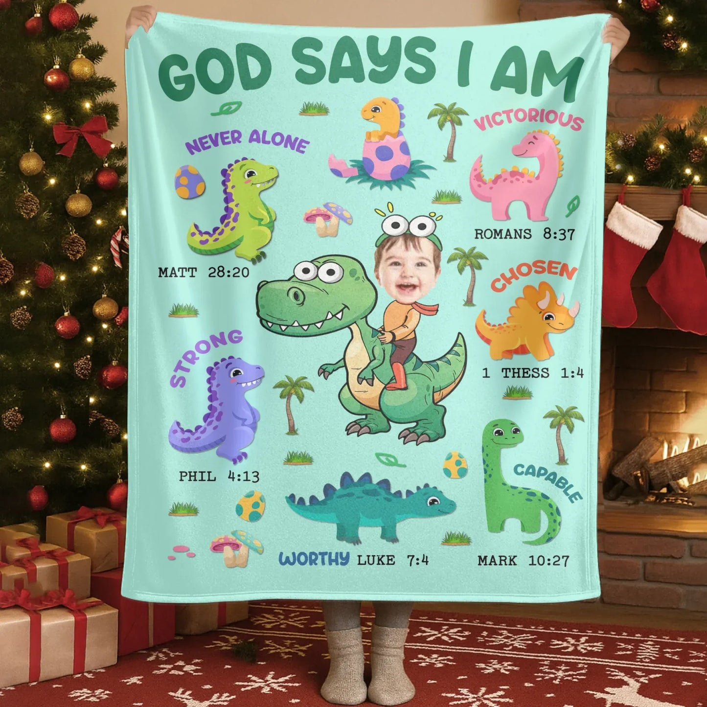 Personalized Blankets Blanket Custom KNT / White / 30x40in / 76x101cm God Says I Am – Personalized Baby Name Christian Dinosaur Cute Blanket