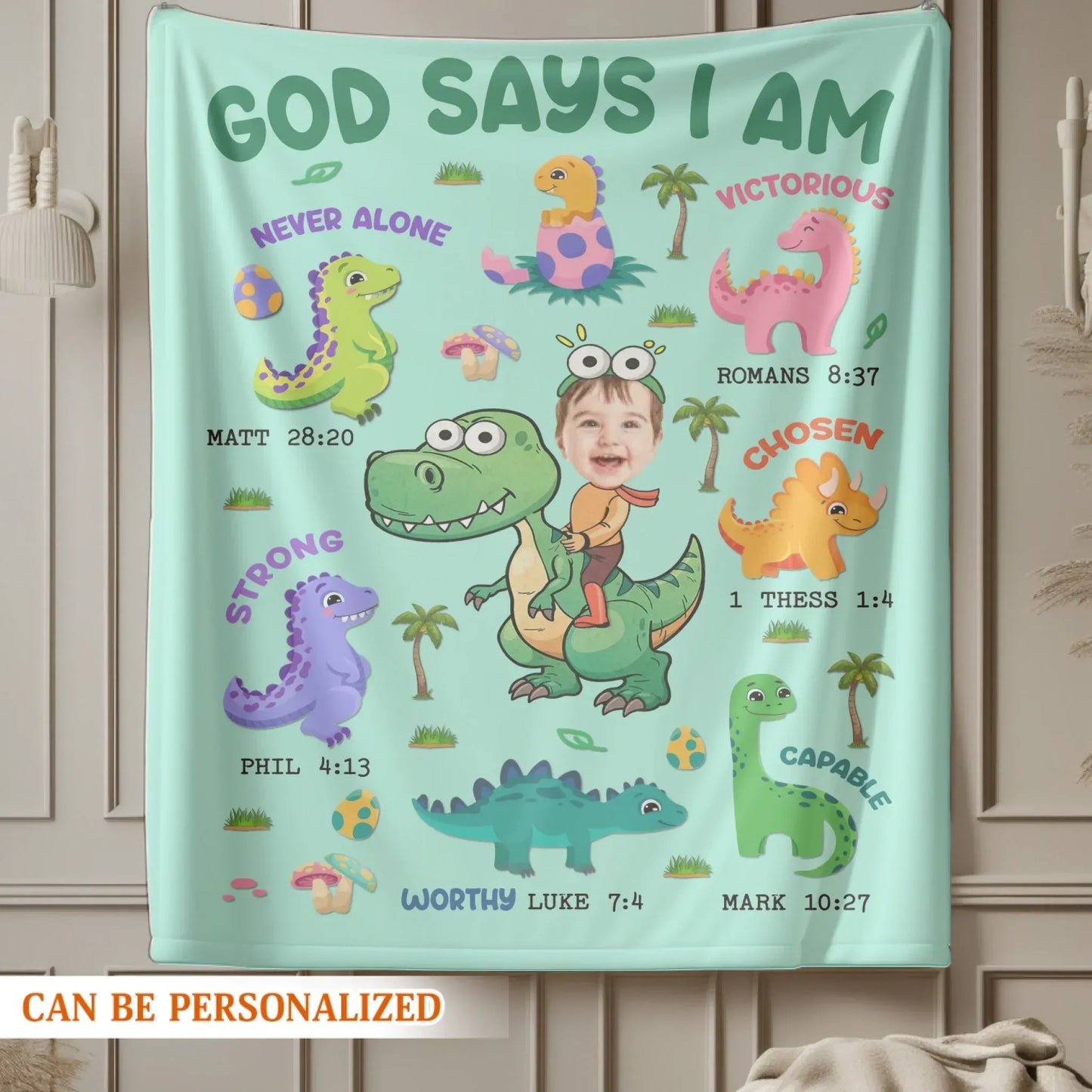 Personalized Blankets God Says I Am – Personalized Baby Name Christian Dinosaur Cute Blanket