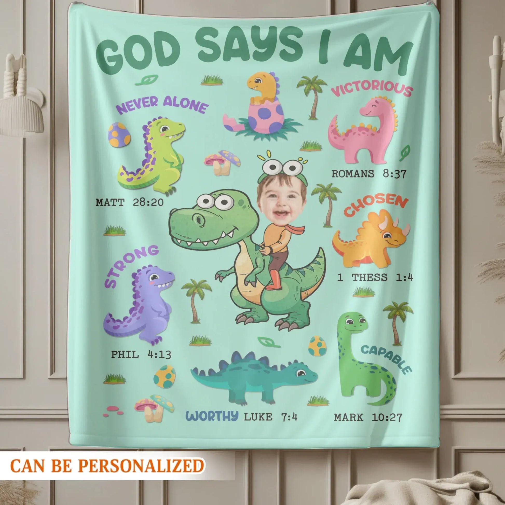 Personalized Blankets God Says I Am – Personalized Baby Name Christian Dinosaur Cute Blanket