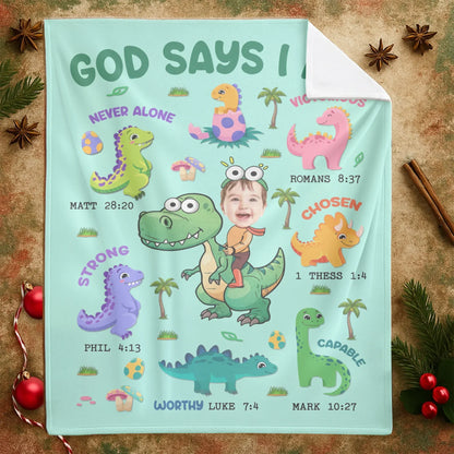 Personalized Blankets God Says I Am – Personalized Baby Name Christian Dinosaur Cute Blanket