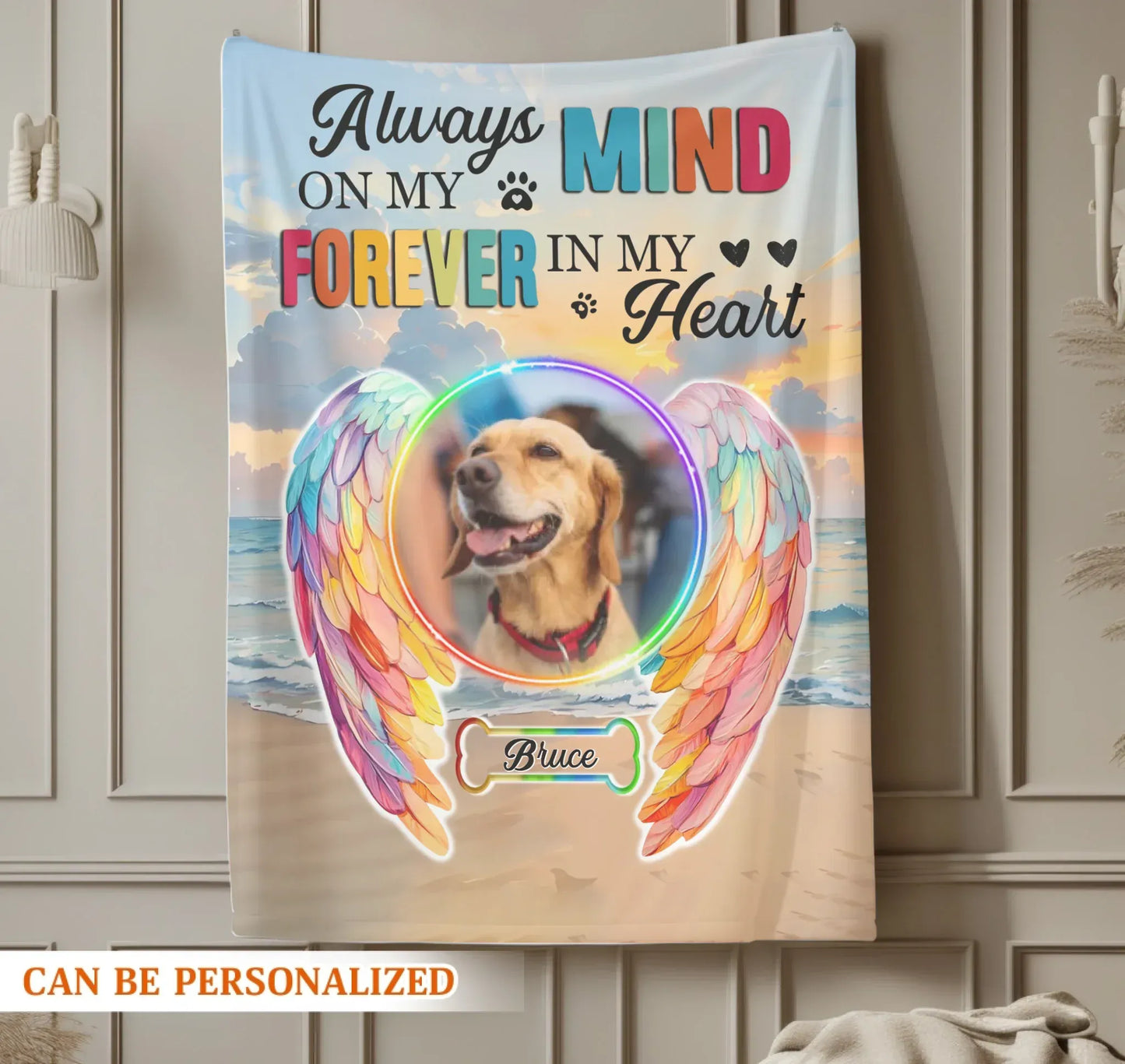 Personalized Blankets Always On My Mind, Forever In My Heart – Personalized Rainbow Angel Dog Memorial Custom Blanket