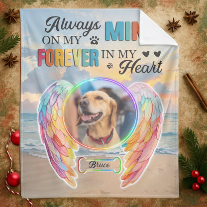 Personalized Blankets Always On My Mind, Forever In My Heart – Personalized Rainbow Angel Dog Memorial Custom Blanket