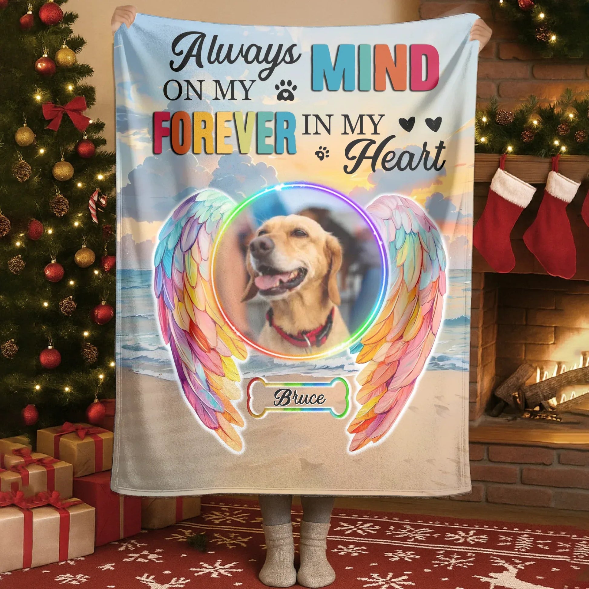 Personalized Blankets Always On My Mind, Forever In My Heart – Personalized Rainbow Angel Dog Memorial Custom Blanket