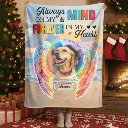 Personalized Blankets Always On My Mind, Forever In My Heart – Personalized Rainbow Angel Dog Memorial Custom Blanket