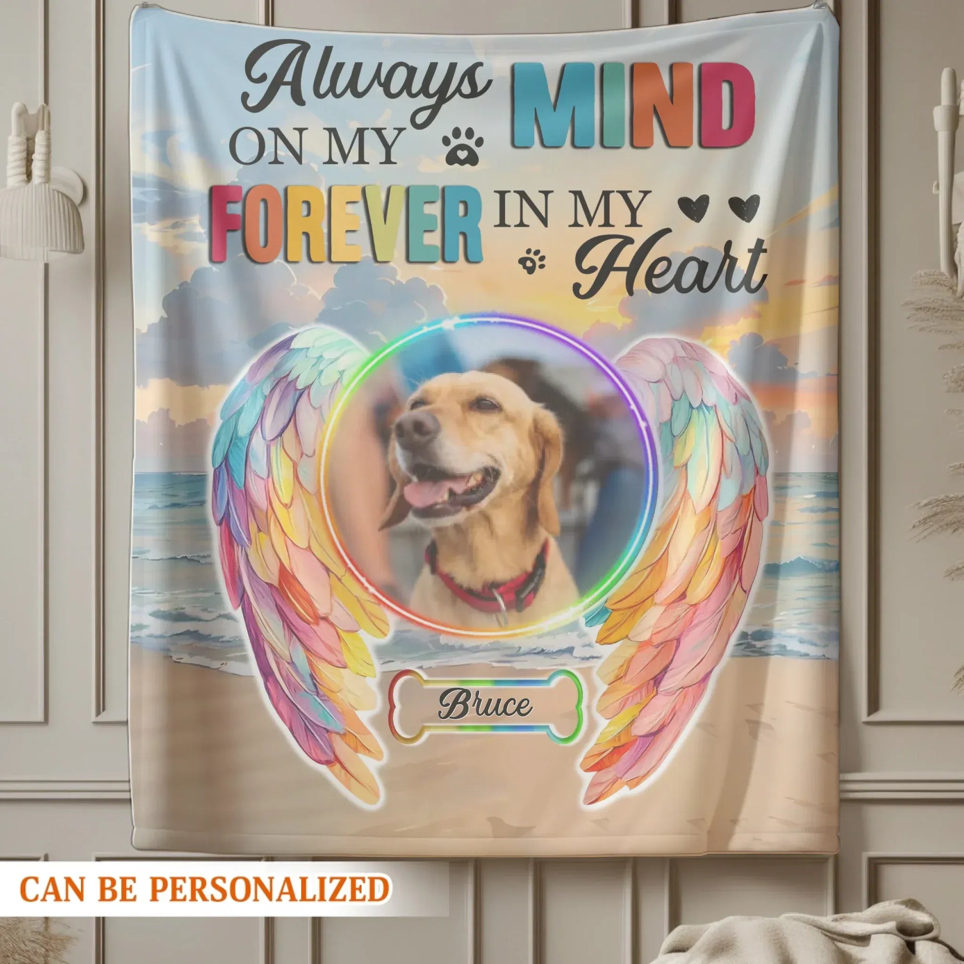 Personalized Blankets Always On My Mind, Forever In My Heart – Personalized Rainbow Angel Dog Memorial Custom Blanket