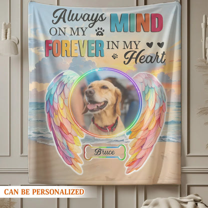 Personalized Blankets Always On My Mind, Forever In My Heart – Personalized Rainbow Angel Dog Memorial Custom Blanket