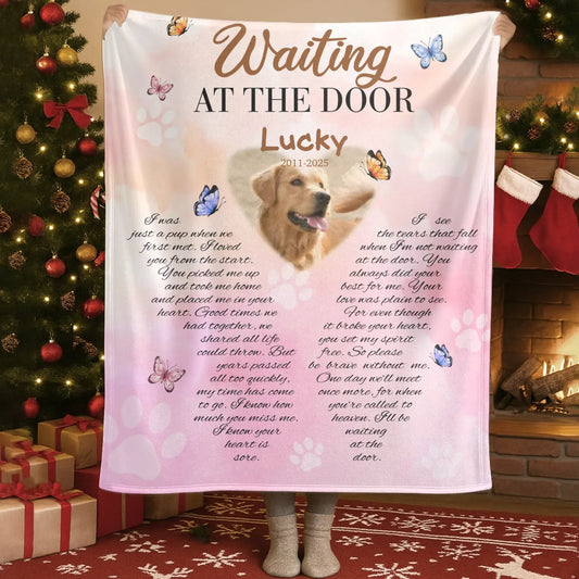 Personalized Blankets Blanket Custom KNT / White / 30x40in / 76x101cm Waiting At The Door - Personalized Dog Memorial Photo Custom Blanket